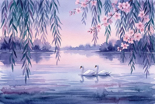 Watercolor Swans on Twilight Lake