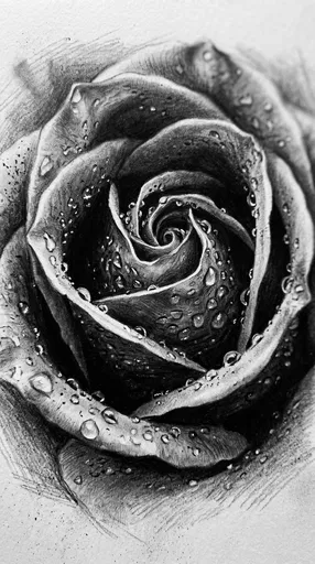 Charcoal Drawing of Rose with Droplets