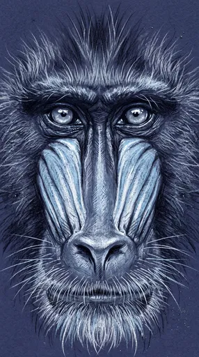 Blue Charcoal Mandrill Face Portrait