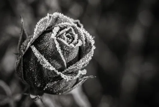 Frost-Rimmed Rose Bud in Black and White