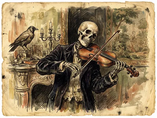 Skeleton Playing Violin Watercolor Sketch