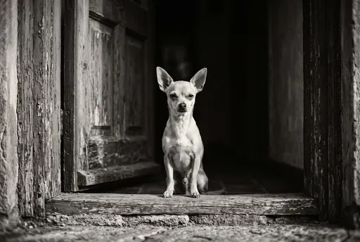 Monochrome Chihuahua Sitting in Rustic Doorway