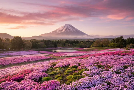Snow-Capped Volcano Over Pink Phlox Fields