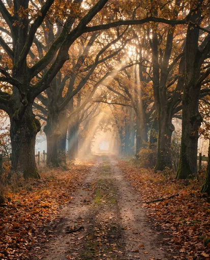 Sunlit Autumn Country Lane in Morning Fog