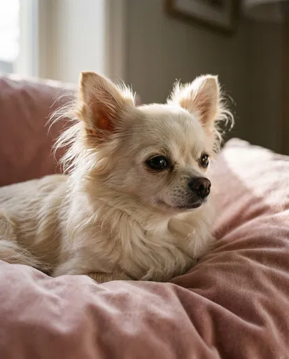 Cream Long-Haired Chihuahua on Pink Velvet