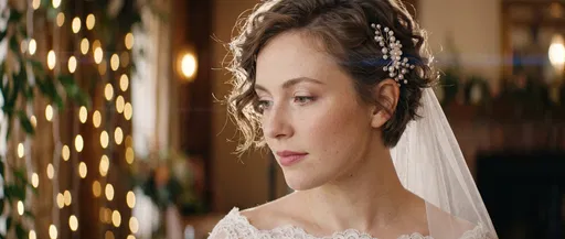 Bride With Short Wavy Hair and Pearl Hairpin