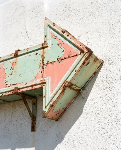 Vintage Pastel Metal Arrow Sign on Stucco