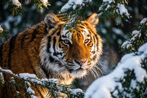 Amur Tiger in Snowy Pine Forest