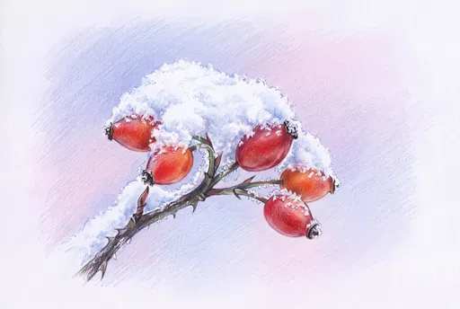 Colored Pencil Drawing of Snowy Rosehips