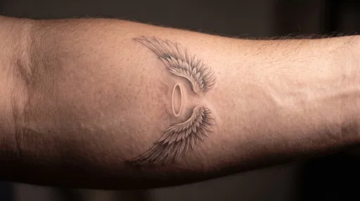 Close-Up Forearm Tattoo of Angel Wings