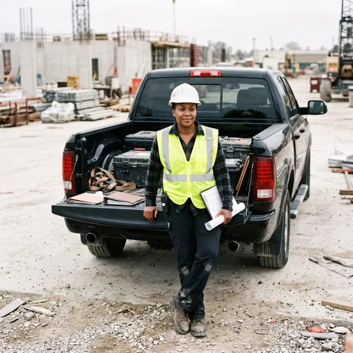 Female Construction Supervisor Leaning on Pickup Truck