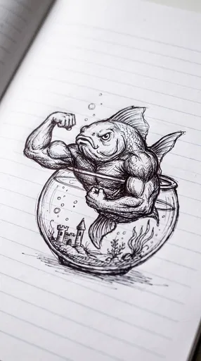 Muscular Goldfish Flexing in Fishbowl Sketch