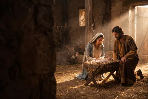 Nativity Scene in Sunlit Stone Stable