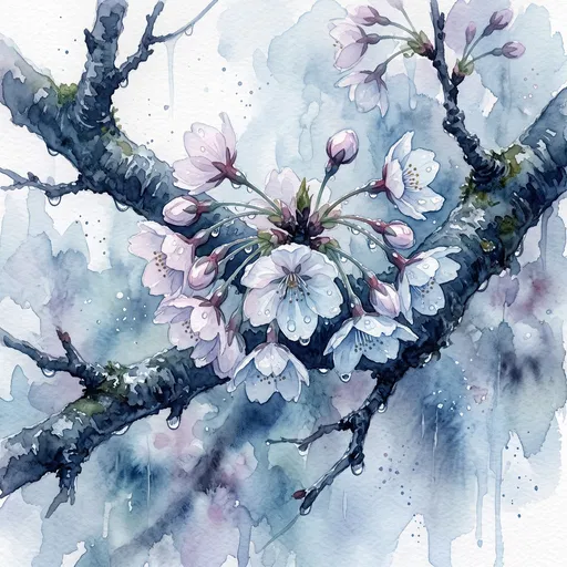 Watercolor Cherry Blossoms in Spring Rain