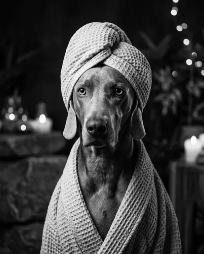 Weimaraner Dog in Spa Bathrobe Portrait