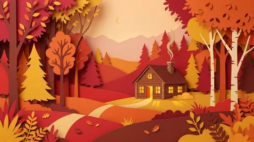 Paper-Cut Autumn Forest Cabin Landscape