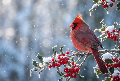 Red Cardinal on Snowy Holly Branch