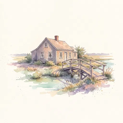 Watercolor Coastal Cottage and Footbridge Illustration