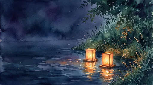 Watercolor Night River With Floating Paper Lanterns
