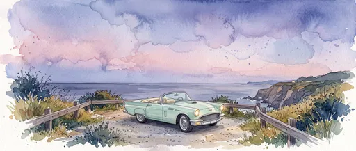 Watercolor Vintage Mint Convertible at Coastal Overlook