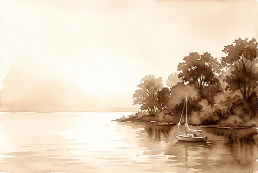 Sepia Watercolor Sailboat Near Tree-Lined Shore