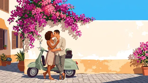 Couple Kissing Beside Vintage Scooter