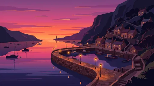 Sunset Harbor Village Vector Illustration