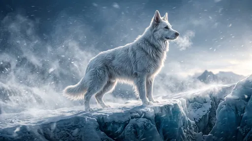 White Shepherd on Icy Glacier Ridge