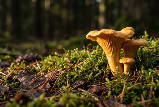 Golden Chanterelle Mushrooms on Mossy Forest Floor