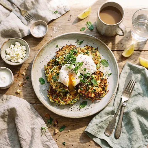 Zucchini Fritters With Poached Eggs Flat Lay