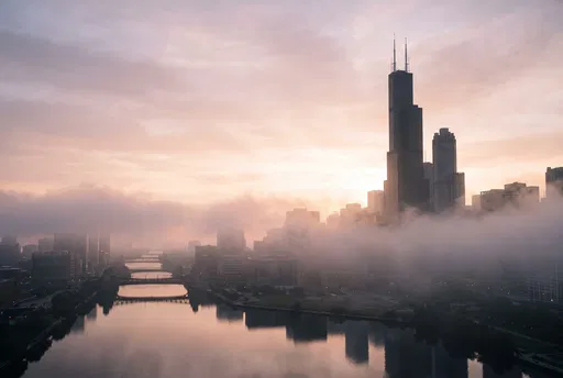 Willis Tower Over Misty Chicago River