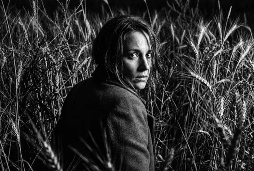 Monochrome Woman Turning in Wheat Field