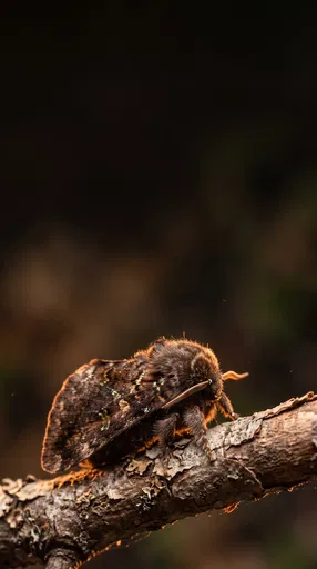 Fuzzy Brown Moth on Twig at Night