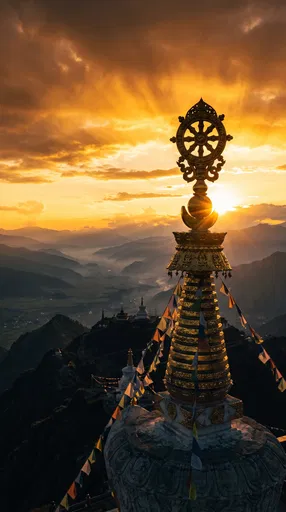 Golden Buddhist Stupa Spire at Sunset