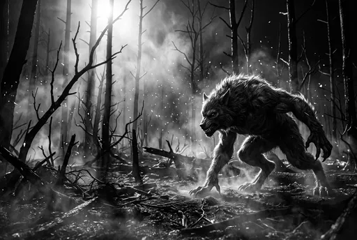 Monochrome Werewolf in Burnt Misty Forest