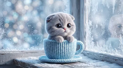 Cute Gray Kitten in Knitted Blue Teacup