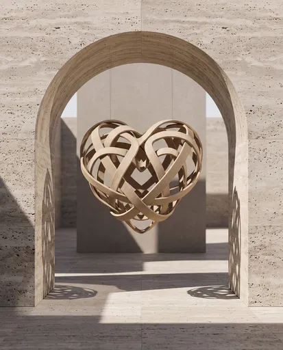 Suspended Woven Ceramic Heart in Travertine Archway