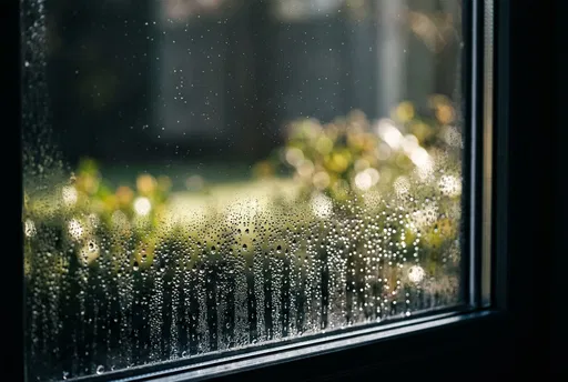 Condensation Droplets on Dark Window Glass