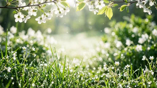 Sunlit Spring Meadow with White Blossoms
