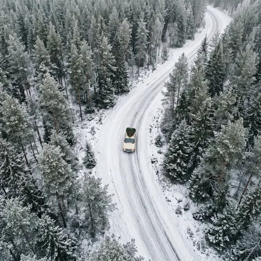 Vintage Car With Christmas Tree on Snowy Road