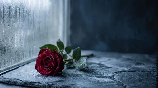 Crimson Rose on Slate by Rainy Window