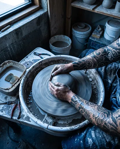 Tattooed Potter Centering Clay on Wheel