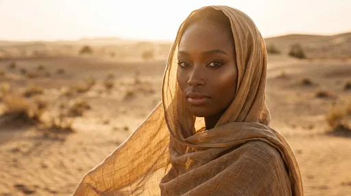 Woman Wearing Headscarf in Golden Desert