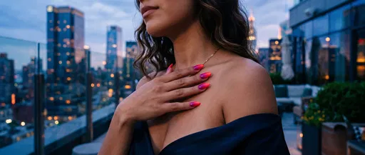 Woman Displaying Ombre Almond Nails on Terrace