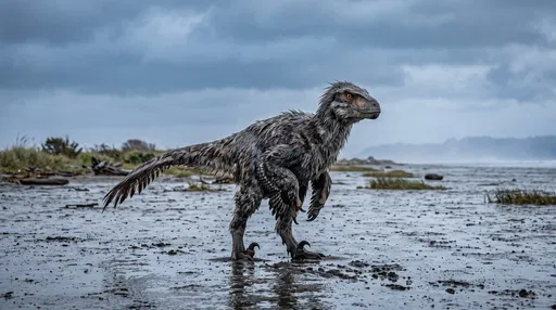 Feathered Utahraptor on Wet Coastal Mudflat