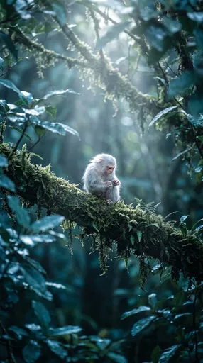 White Monkey on Mossy Forest Branch