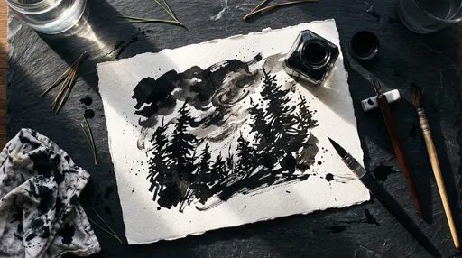 Black Ink Pine Forest Drawing Flat Lay