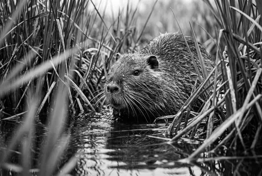 Monochrome Coypu in Marsh Grass