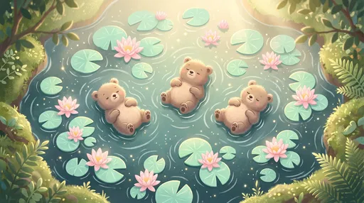 Three Bear Cubs Floating in Forest Pond