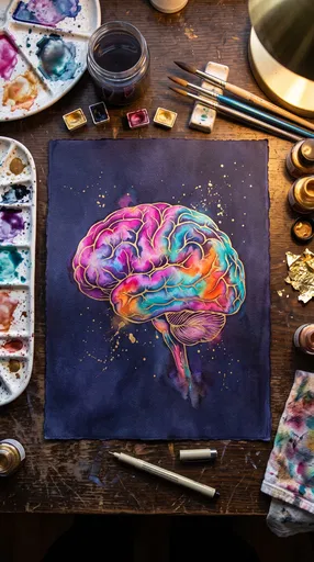 Watercolor Brain Illustration on Artist Desk